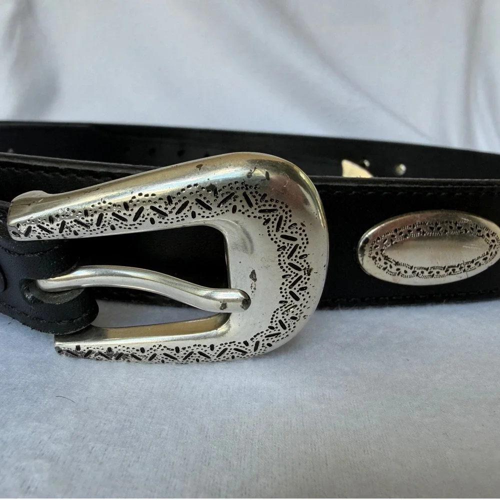 Brighton Leather Belt Womens 46 Black Western Silver Concho Engraved Buckle